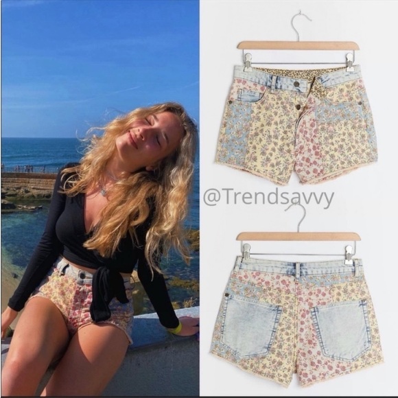 Farm Rio Patchwork High Rise Denim Jeans Shorts Anthropologie 25 NWT - Picture 1 of 7
